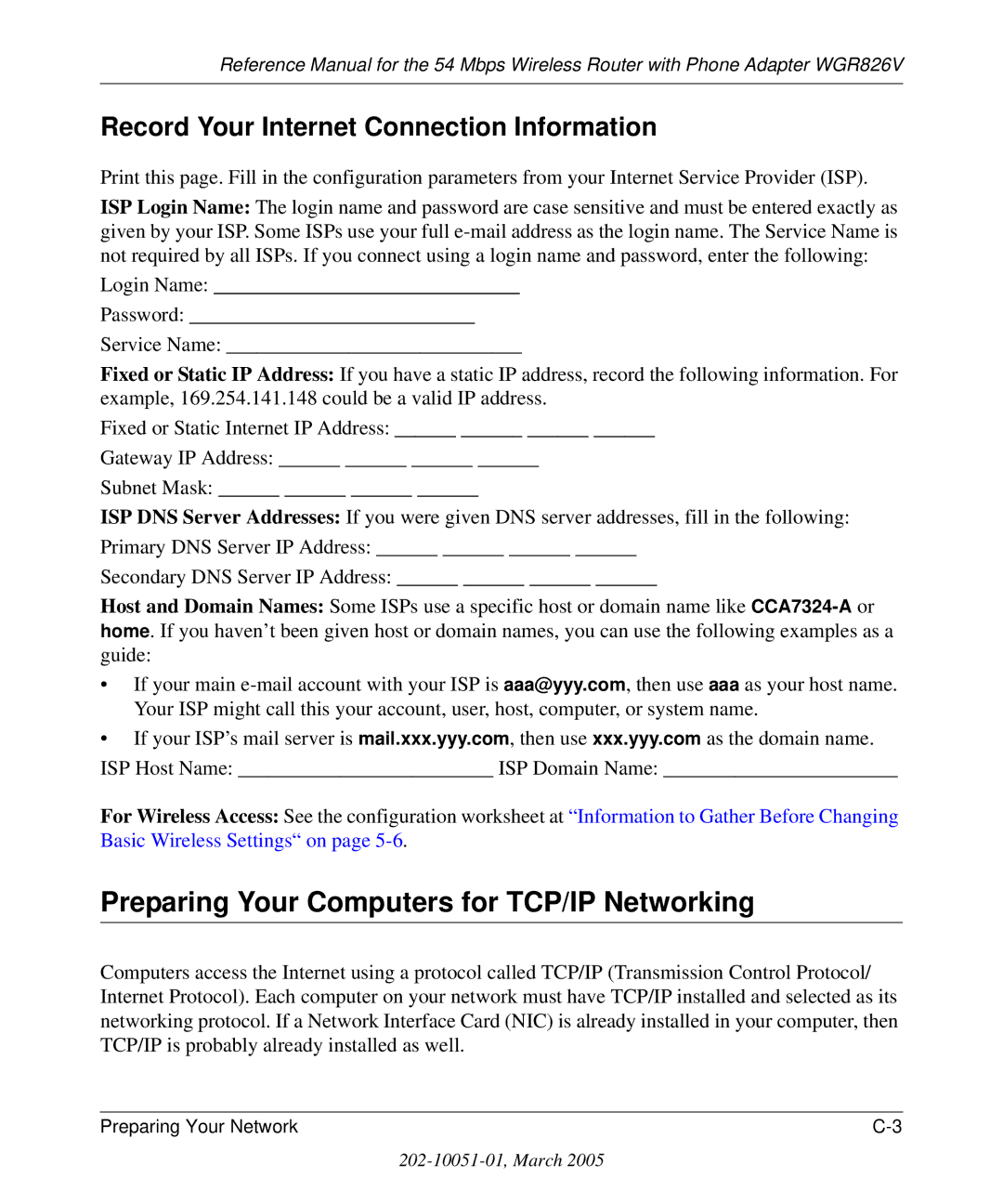 NETGEAR WGR826V manual Preparing Your Computers for TCP/IP Networking, Record Your Internet Connection Information 