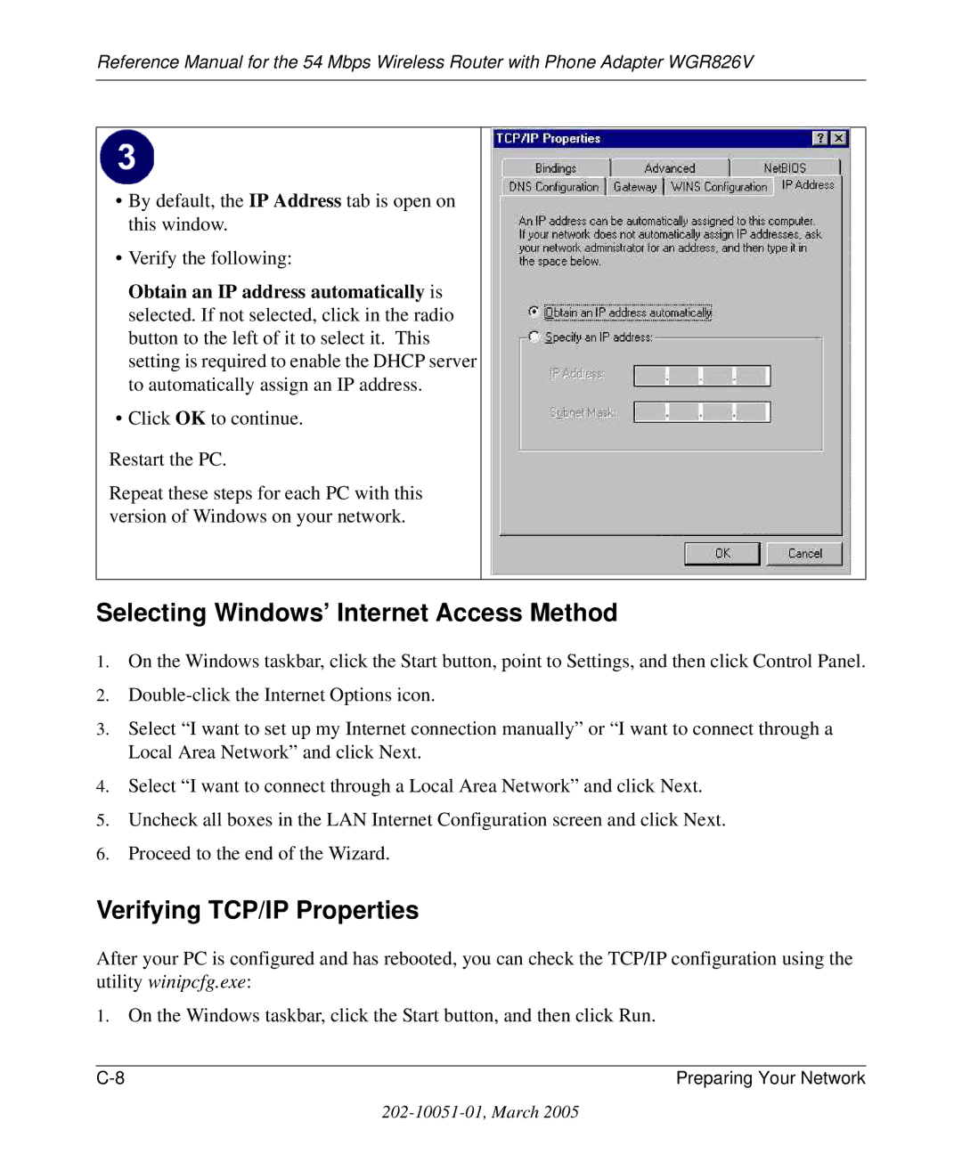 NETGEAR WGR826V manual Selecting Windows’ Internet Access Method, Verifying TCP/IP Properties 