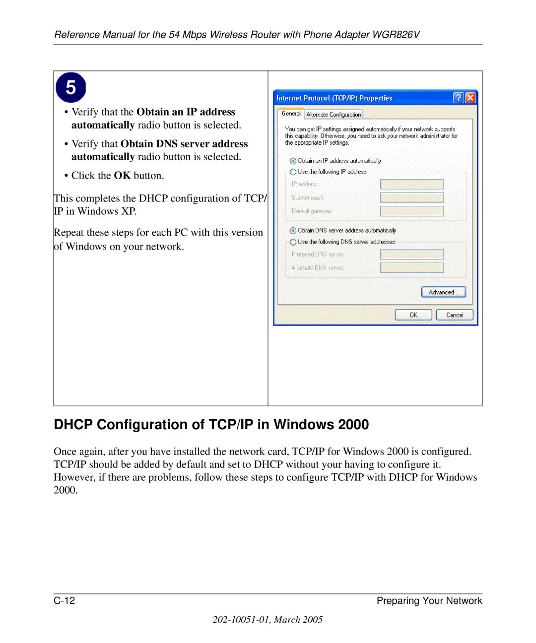 NETGEAR WGR826V manual Dhcp Configuration of TCP/IP in Windows 