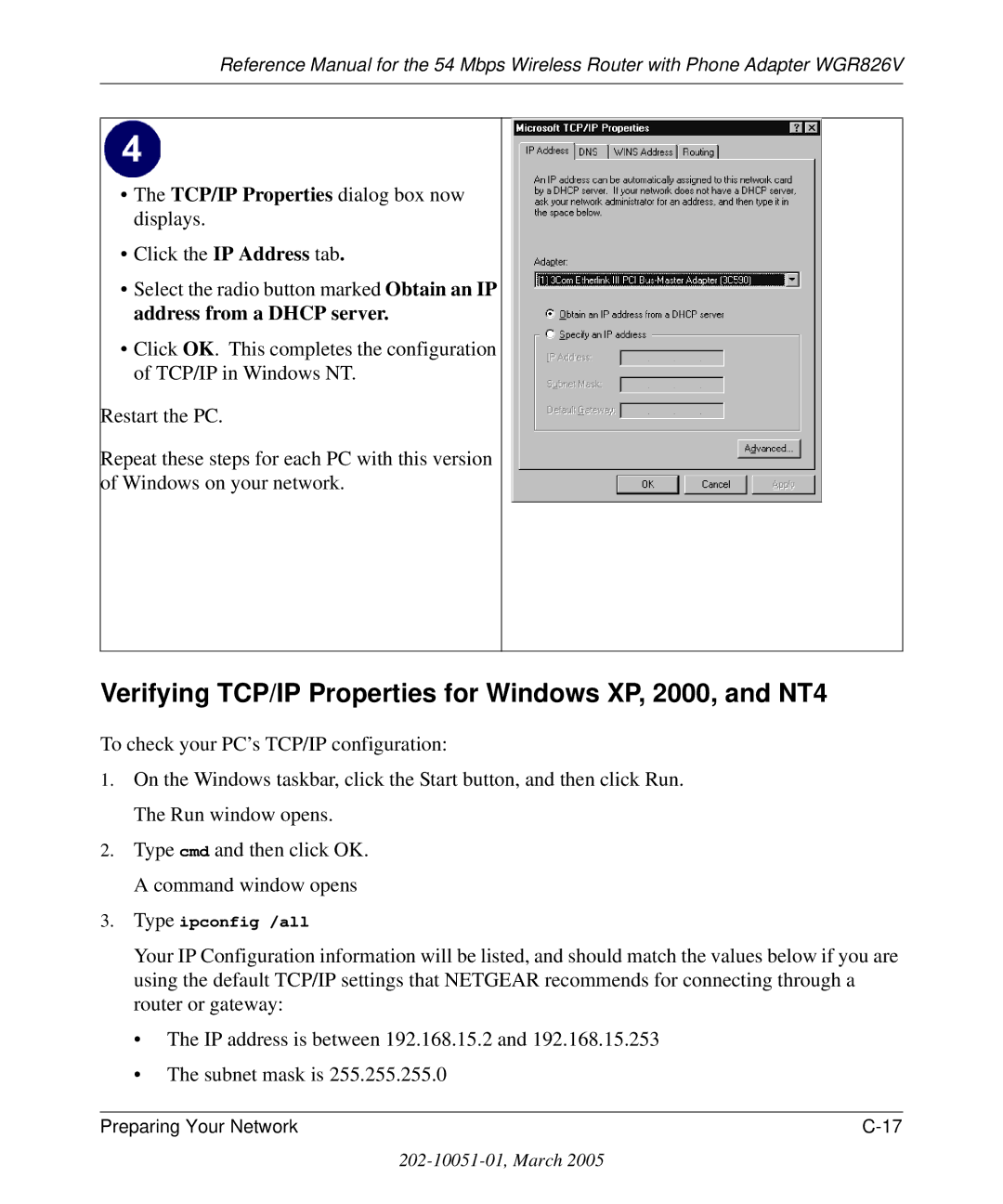 NETGEAR WGR826V manual Verifying TCP/IP Properties for Windows XP, 2000, and NT4, TCP/IP Properties dialog box now displays 