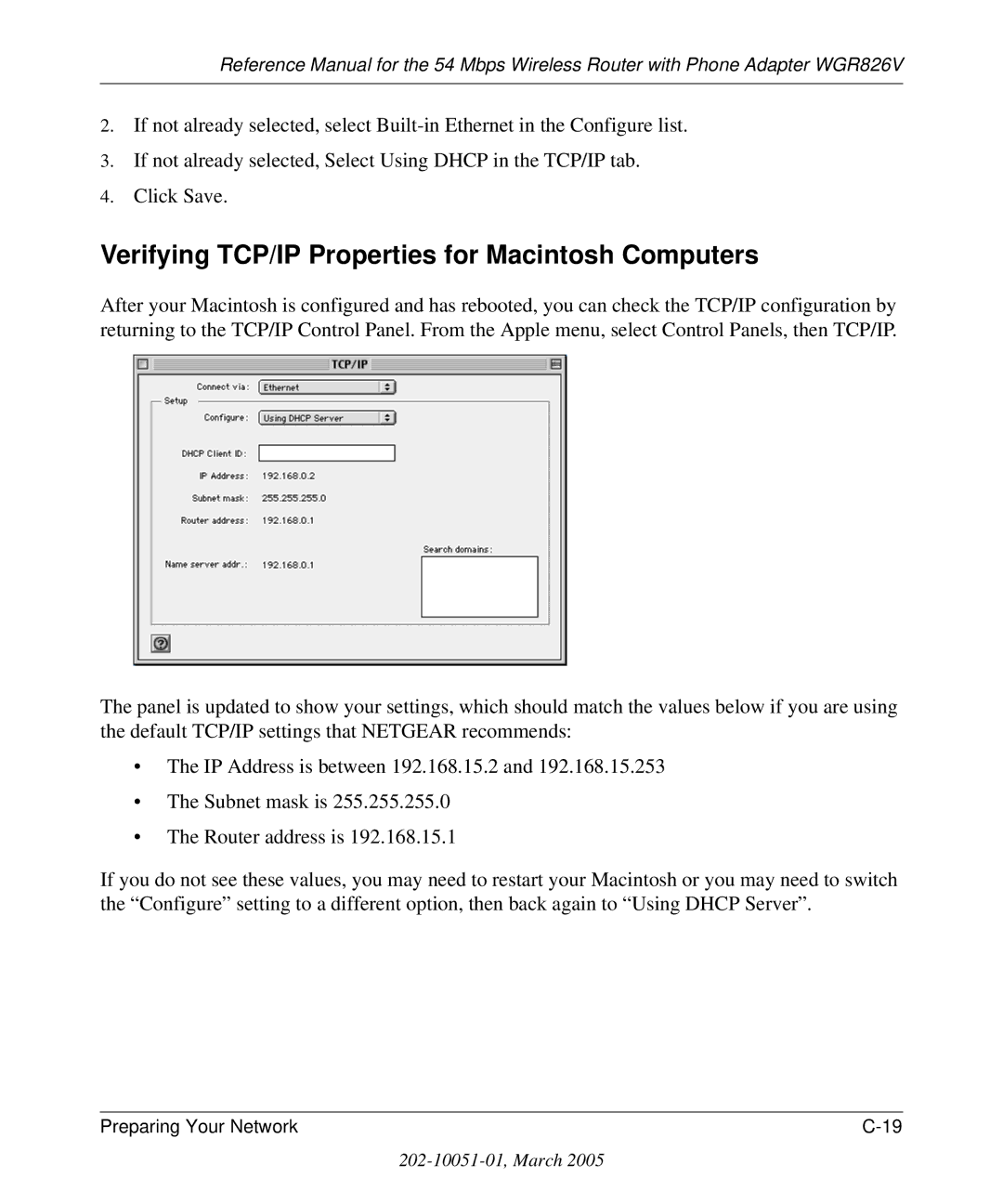 NETGEAR WGR826V manual Verifying TCP/IP Properties for Macintosh Computers 