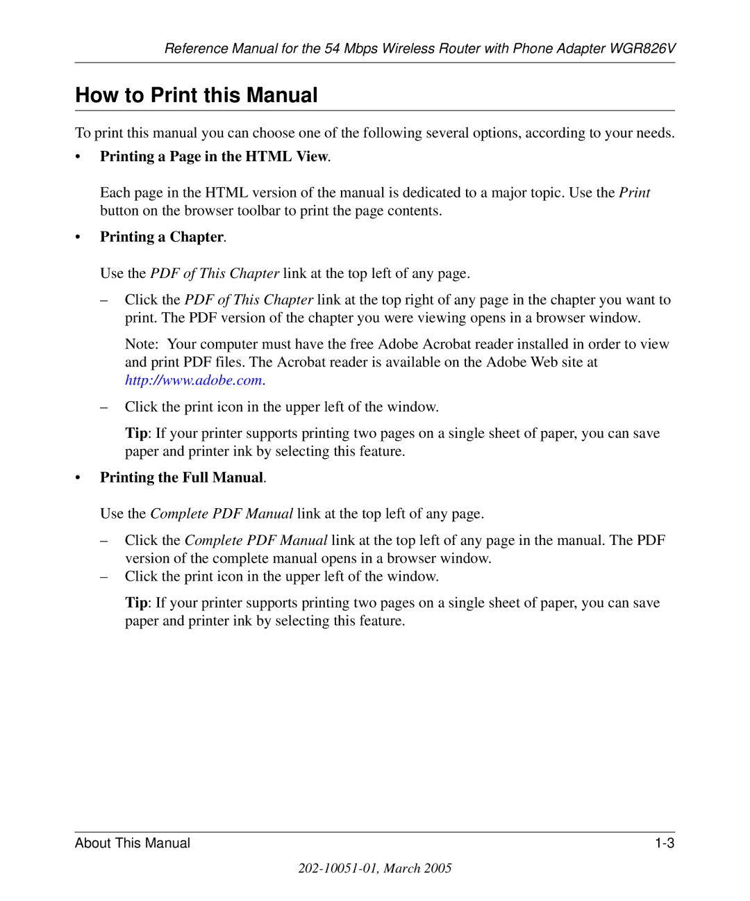 NETGEAR WGR826V manual How to Print this Manual, Printing a Page in the Html View 