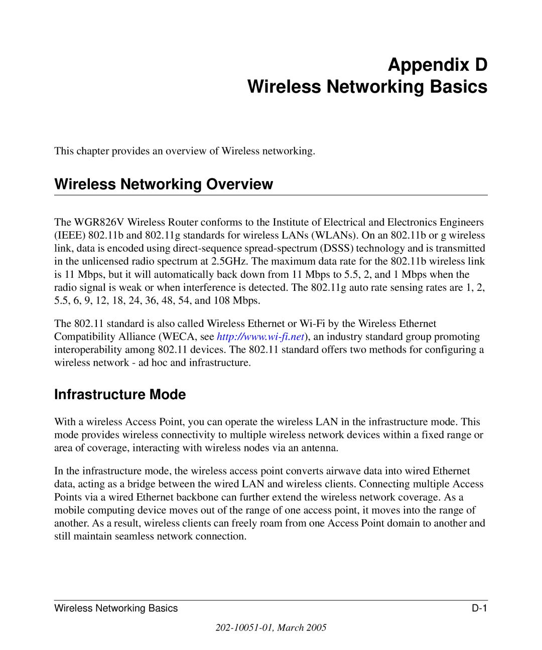 NETGEAR WGR826V manual Appendix D Wireless Networking Basics, Wireless Networking Overview, Infrastructure Mode 