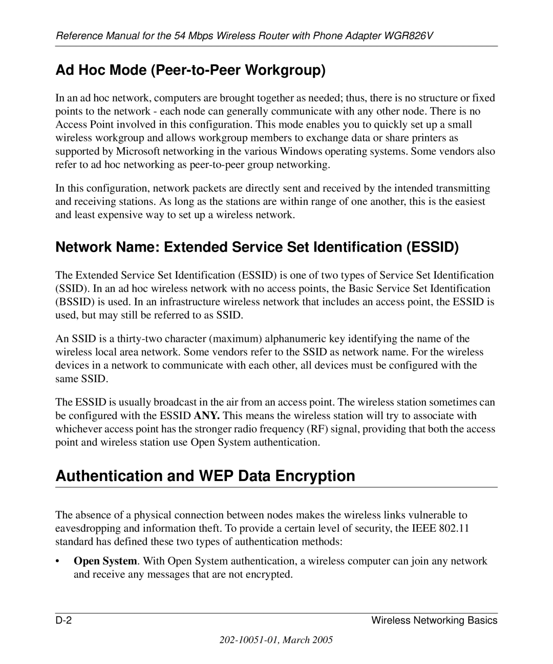 NETGEAR WGR826V manual Authentication and WEP Data Encryption, Ad Hoc Mode Peer-to-Peer Workgroup 