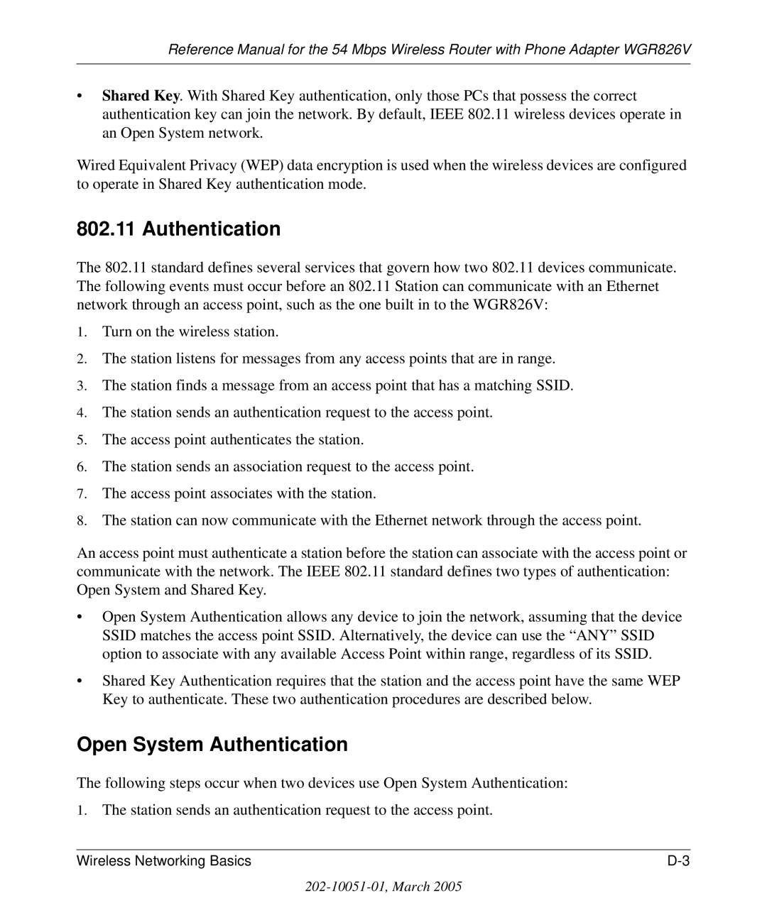 NETGEAR WGR826V manual Open System Authentication 