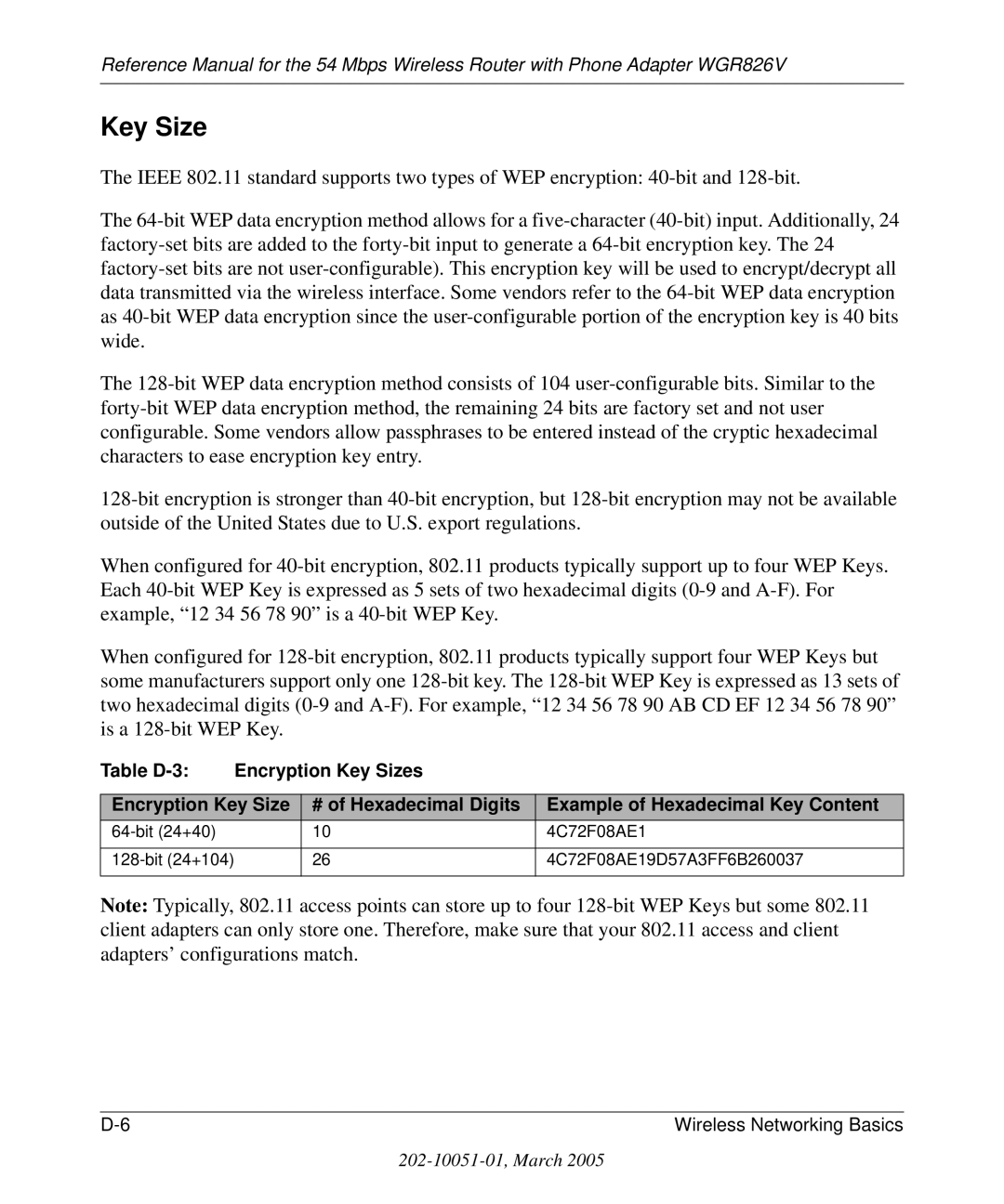 NETGEAR WGR826V manual Key Size 