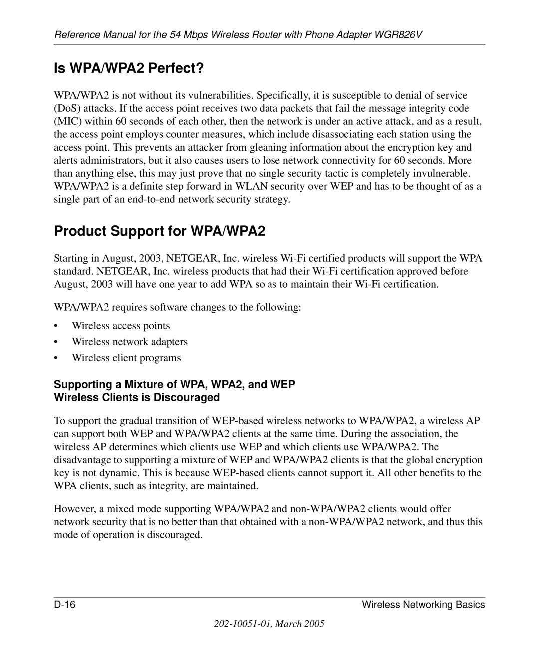 NETGEAR WGR826V manual Is WPA/WPA2 Perfect?, Product Support for WPA/WPA2 