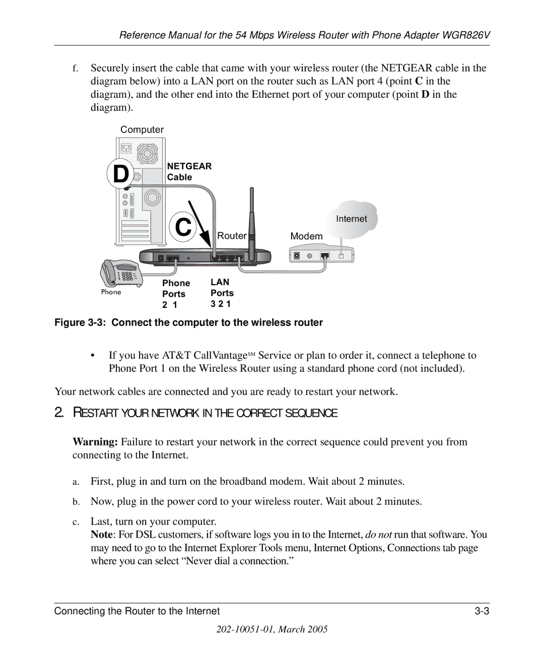 NETGEAR WGR826V manual Restart Your Network in the Correct Sequence 