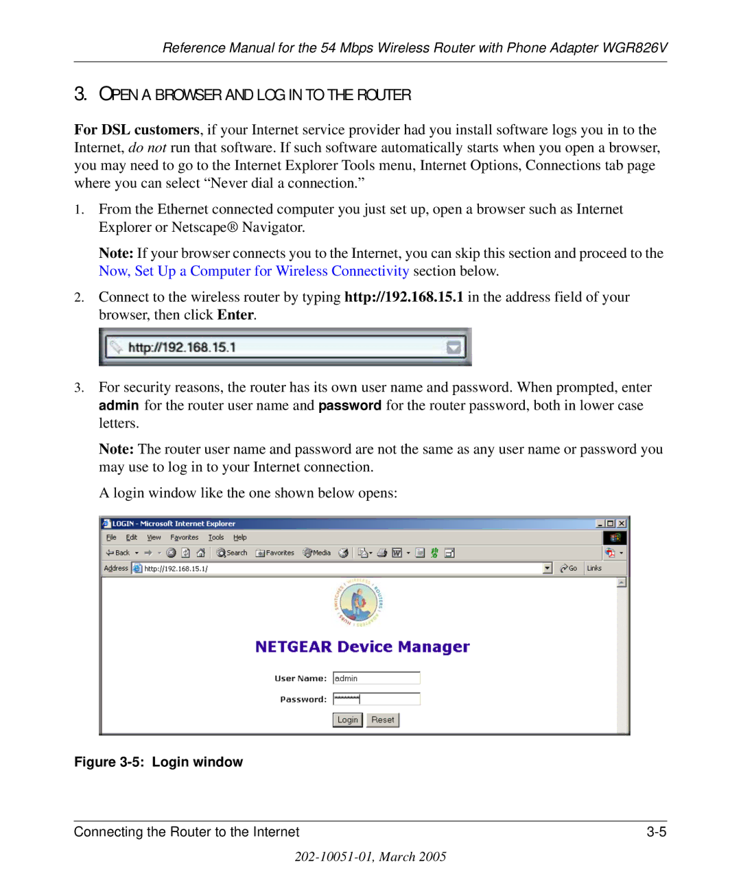 NETGEAR WGR826V manual Open a Browser and LOG in to the Router 