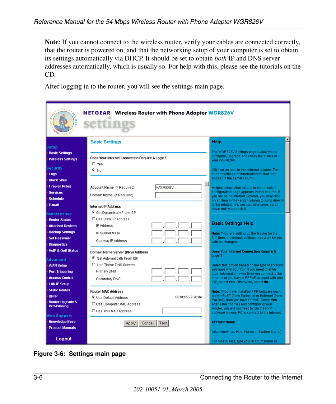 NETGEAR WGR826V manual Settings main 