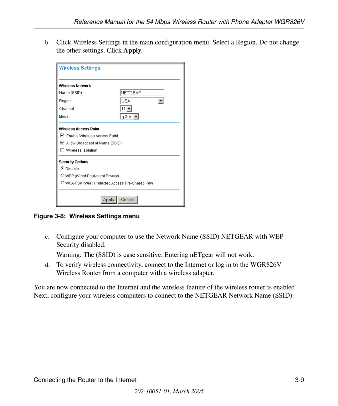 NETGEAR WGR826V manual Wireless Settings menu 