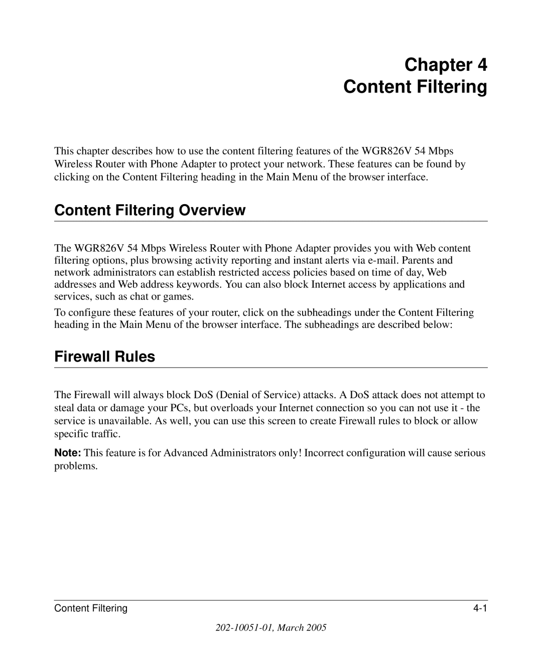 NETGEAR WGR826V manual Chapter Content Filtering, Content Filtering Overview, Firewall Rules 