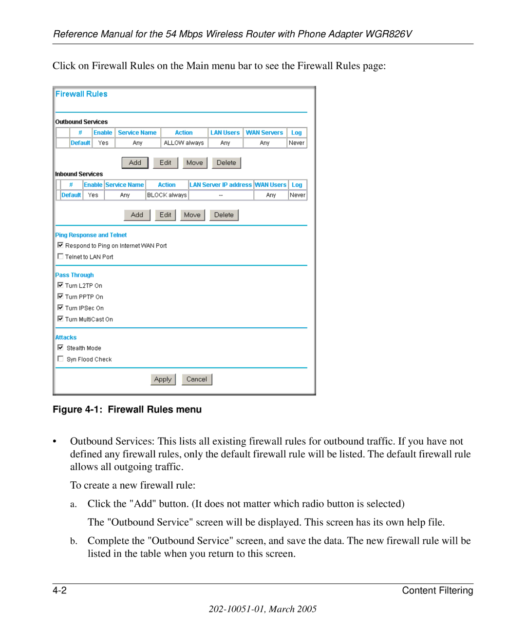 NETGEAR WGR826V manual Firewall Rules menu 