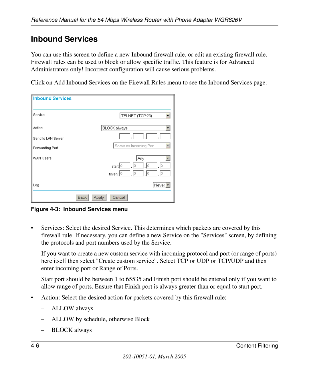 NETGEAR WGR826V manual Inbound Services menu 