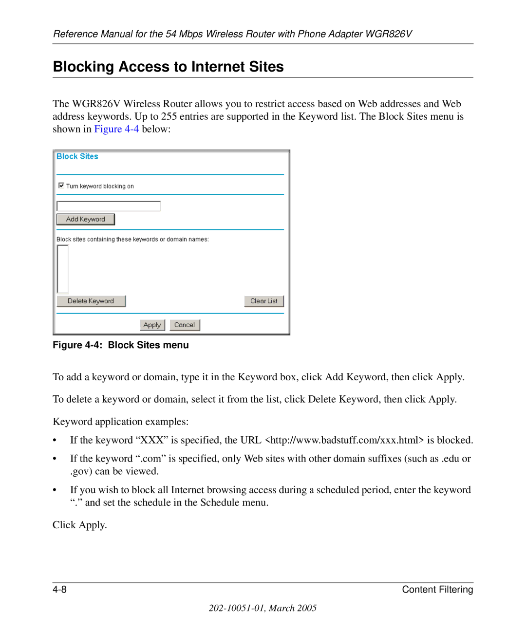 NETGEAR WGR826V manual Blocking Access to Internet Sites, Block Sites menu 