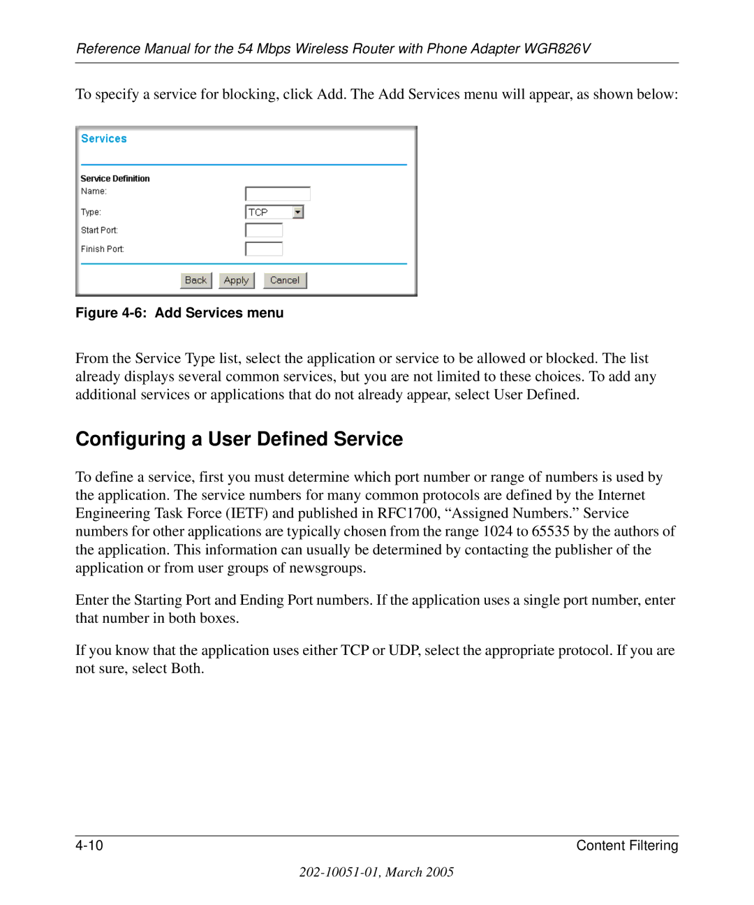 NETGEAR WGR826V manual Configuring a User Defined Service, Add Services menu 