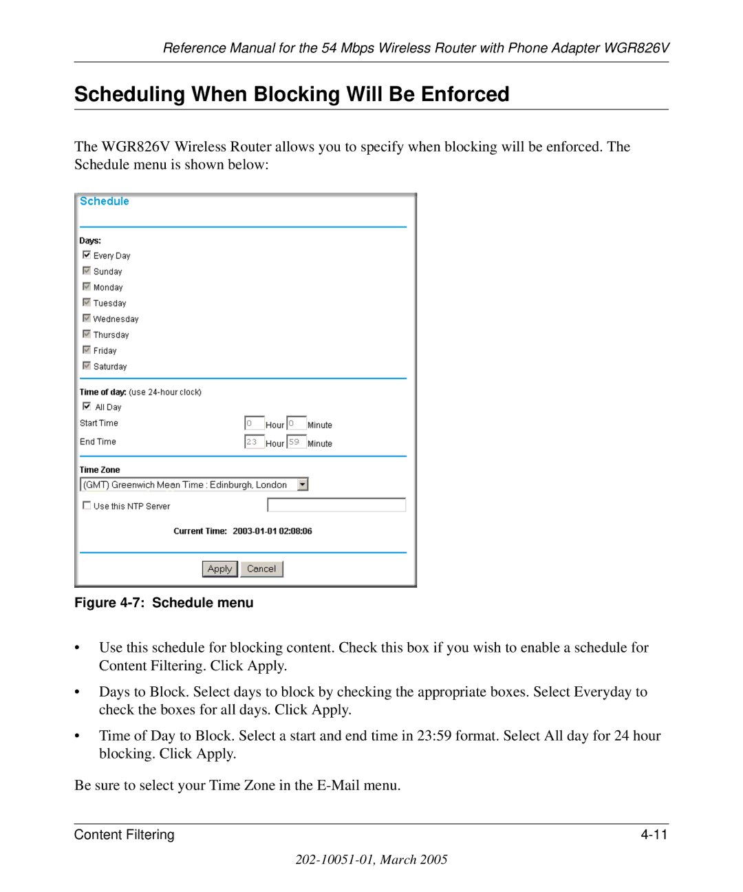 NETGEAR WGR826V manual Scheduling When Blocking Will Be Enforced, Schedule menu 