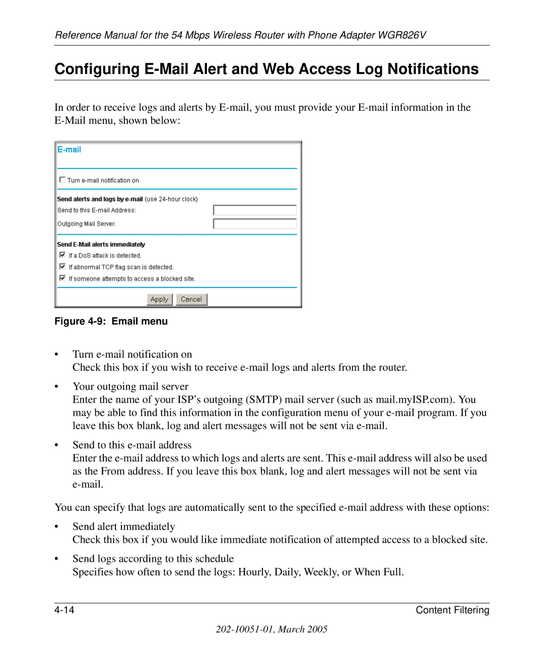 NETGEAR WGR826V manual Configuring E-Mail Alert and Web Access Log Notifications, Email menu 