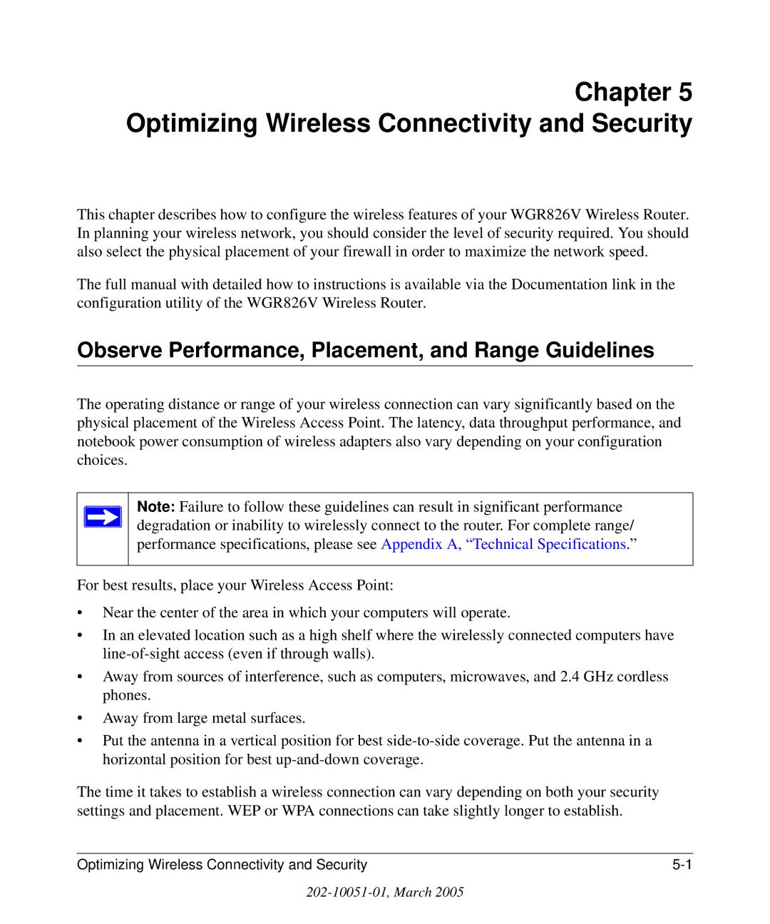 NETGEAR WGR826V manual Optimizing Wireless Connectivity and Security, Observe Performance, Placement, and Range Guidelines 