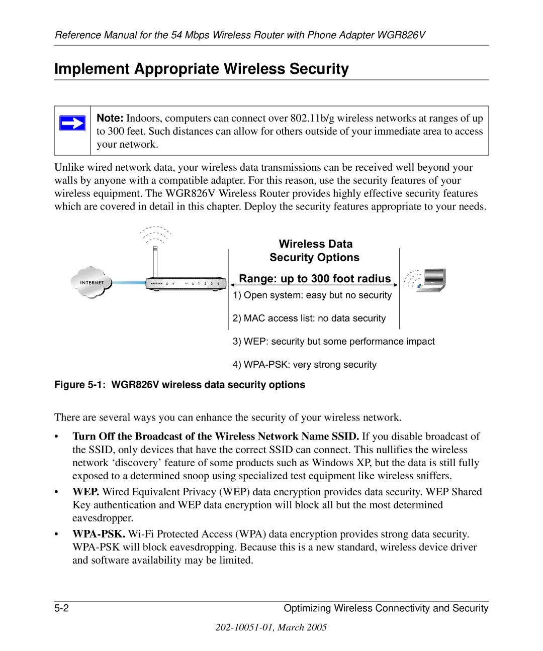 NETGEAR manual Implement Appropriate Wireless Security, WGR826V wireless data security options 