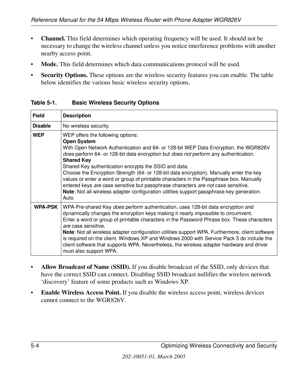 NETGEAR WGR826V manual Basic Wireless Security Options 