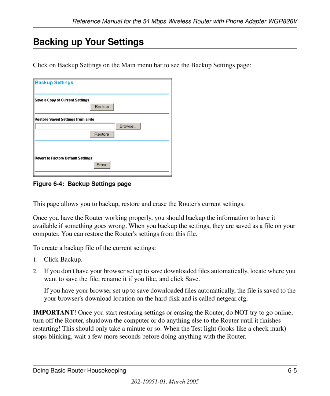 NETGEAR WGR826V manual Backing up Your Settings, Backup Settings 