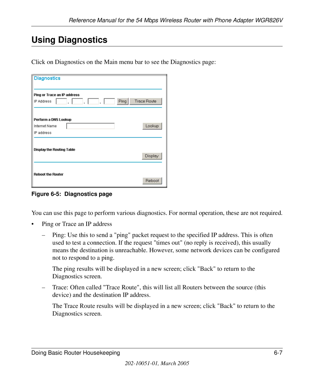 NETGEAR WGR826V manual Using Diagnostics 