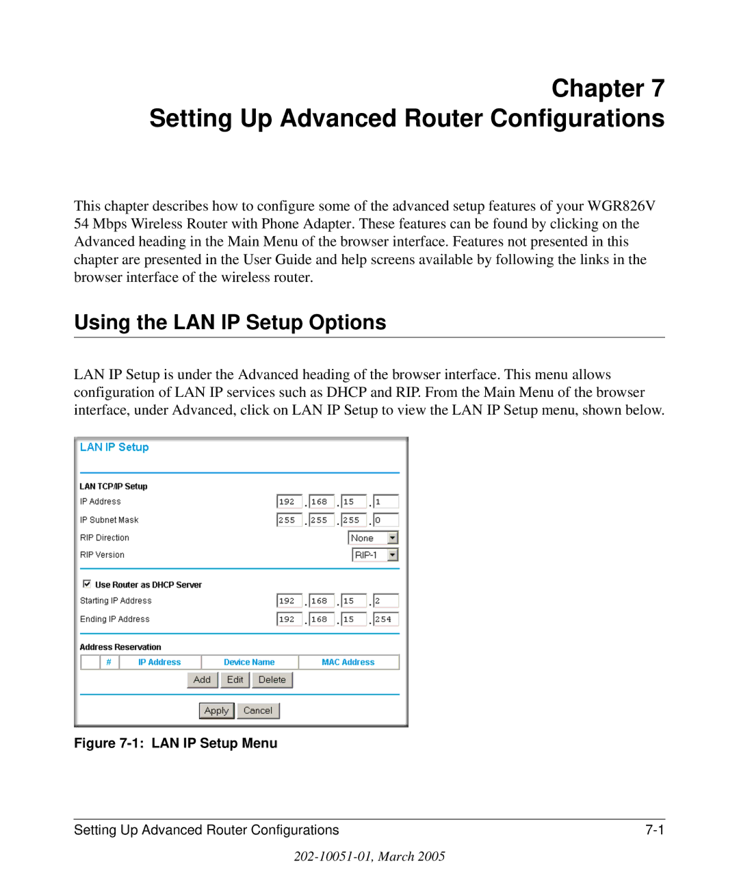 NETGEAR WGR826V manual Setting Up Advanced Router Configurations, Using the LAN IP Setup Options 