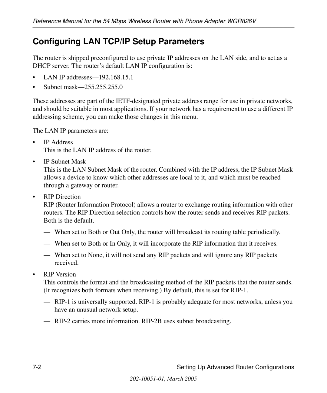 NETGEAR WGR826V manual Configuring LAN TCP/IP Setup Parameters 