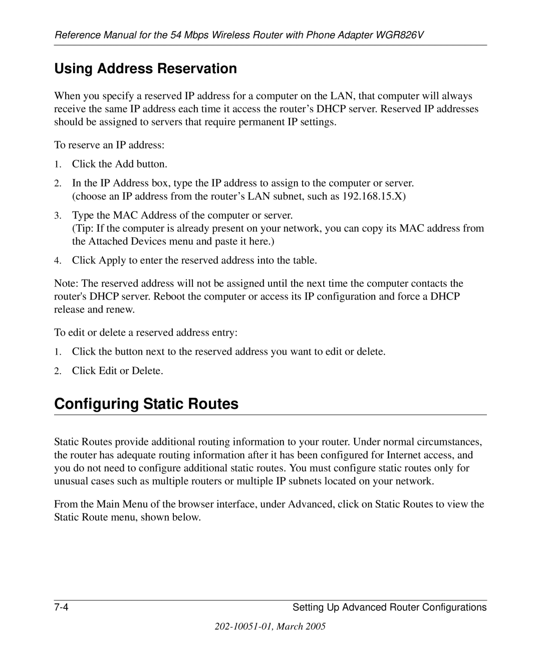 NETGEAR WGR826V manual Configuring Static Routes, Using Address Reservation 