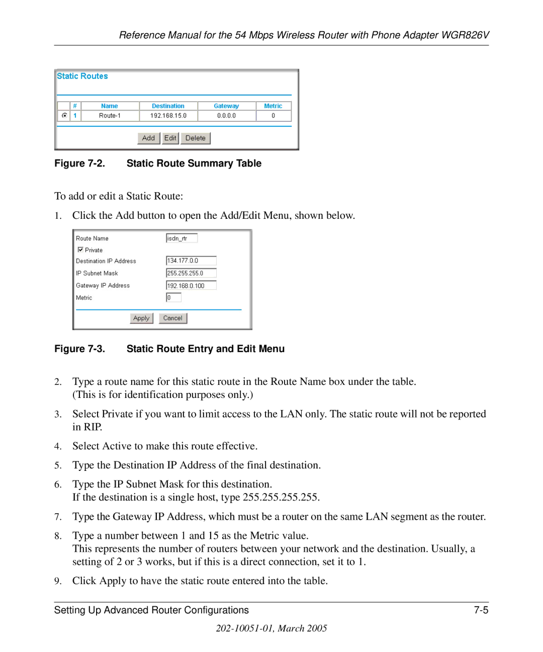 NETGEAR WGR826V manual Static Route Summary Table 