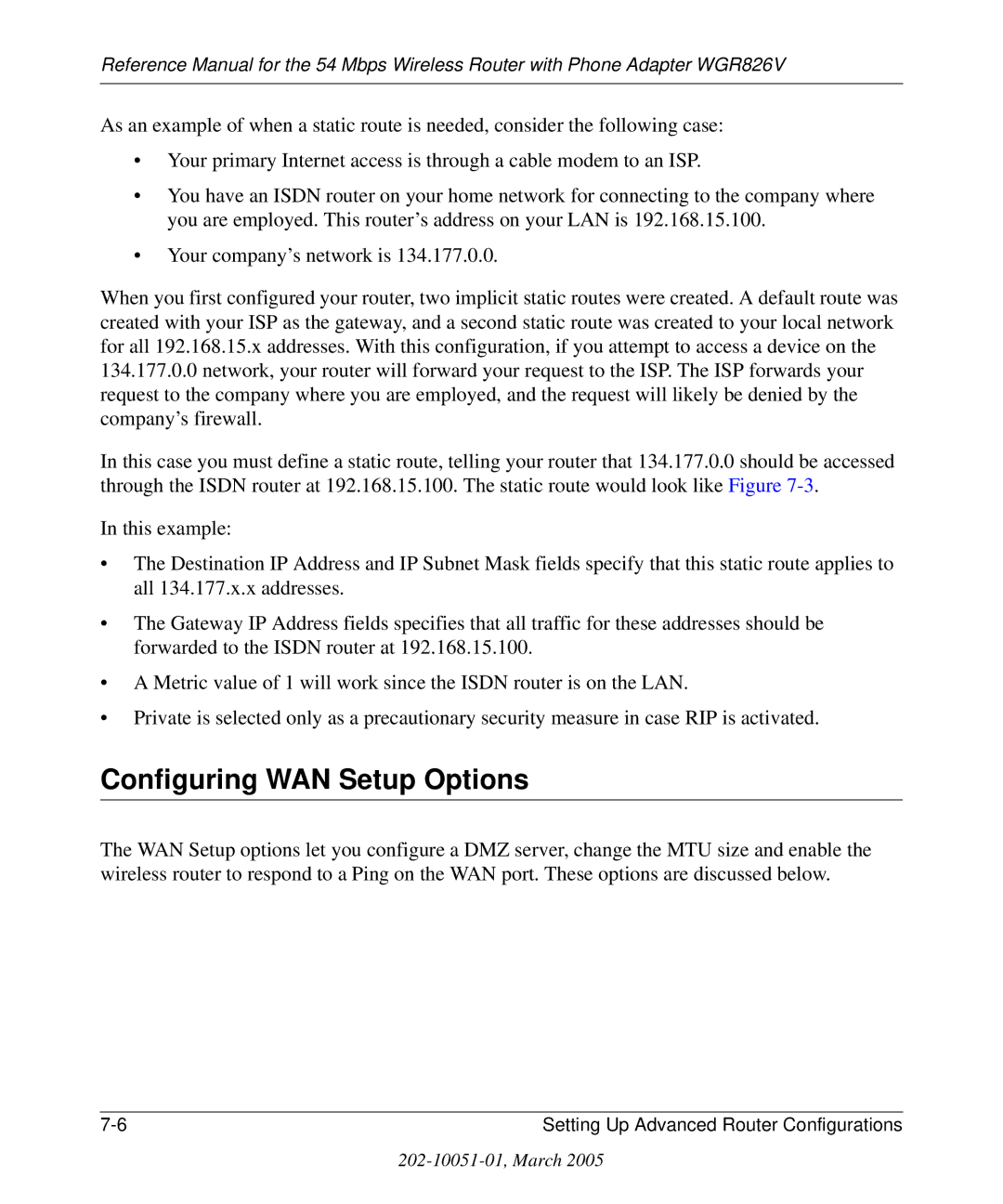 NETGEAR WGR826V manual Configuring WAN Setup Options 