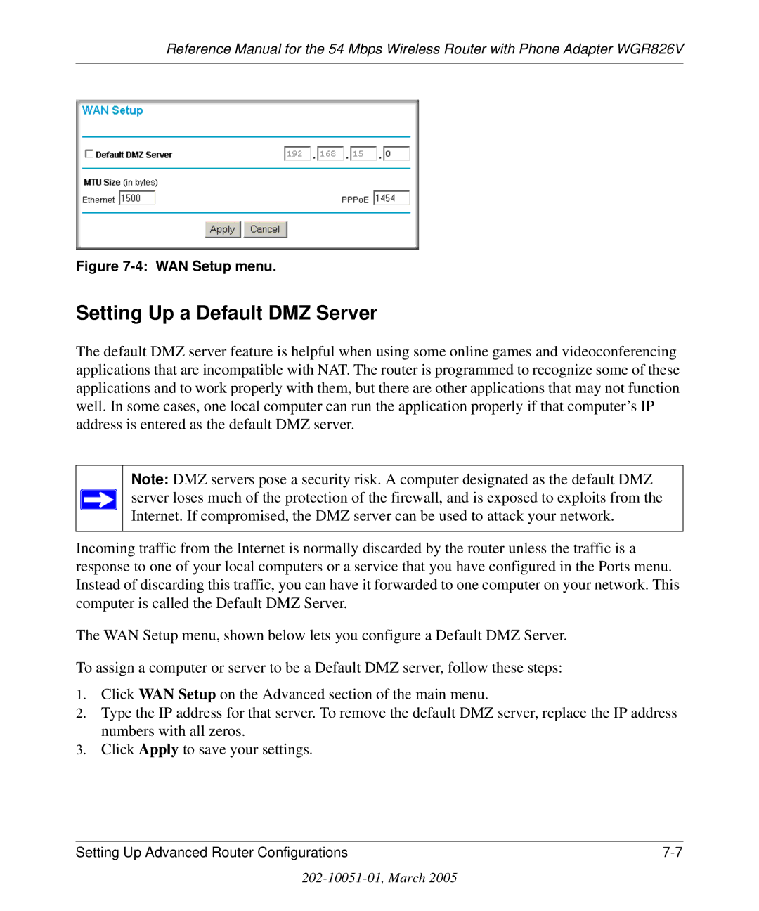 NETGEAR WGR826V manual Setting Up a Default DMZ Server, WAN Setup menu 