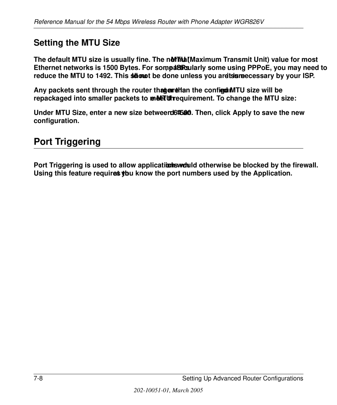 NETGEAR WGR826V manual Port Triggering, Setting the MTU Size 