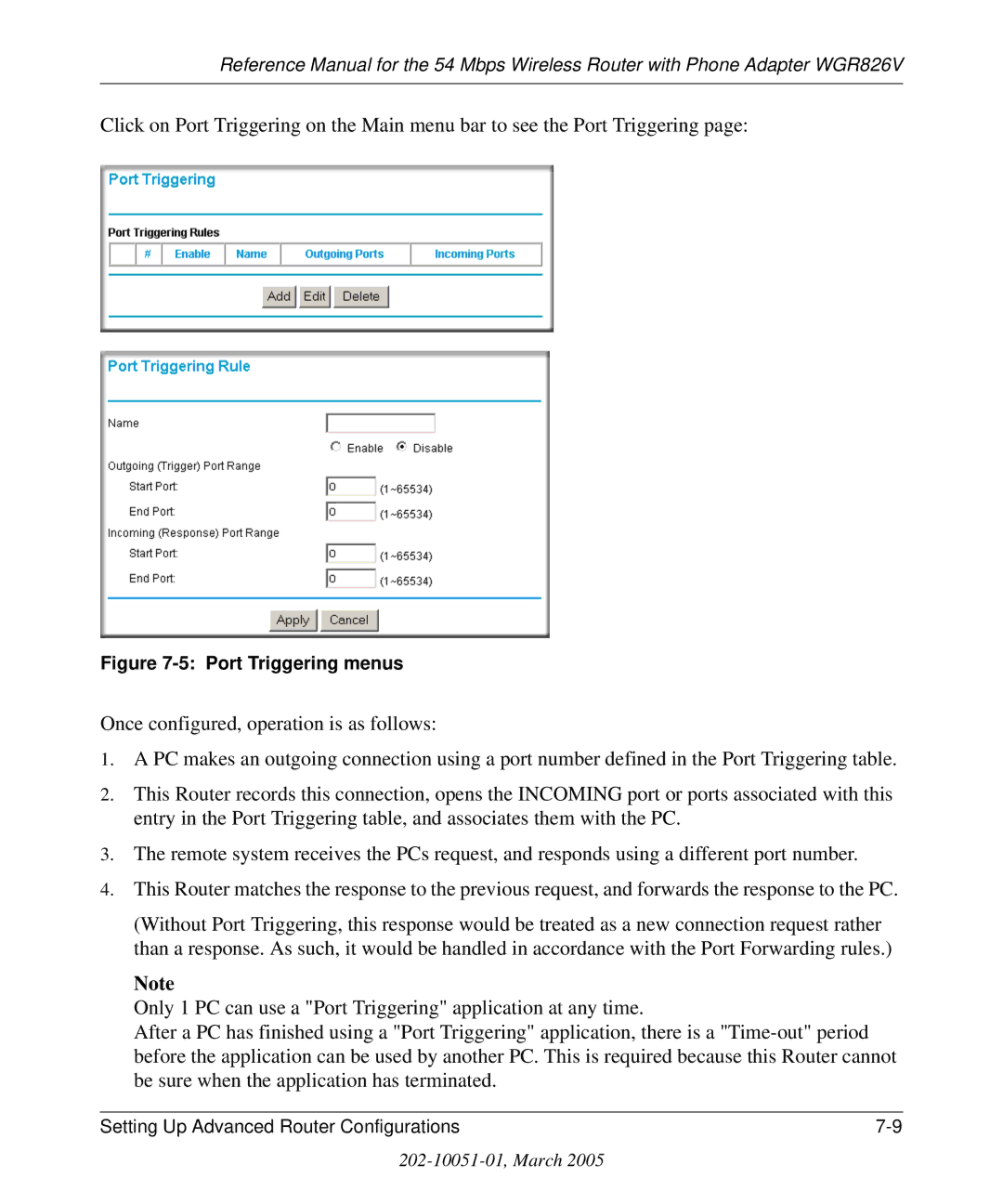 NETGEAR WGR826V manual Port Triggering menus 