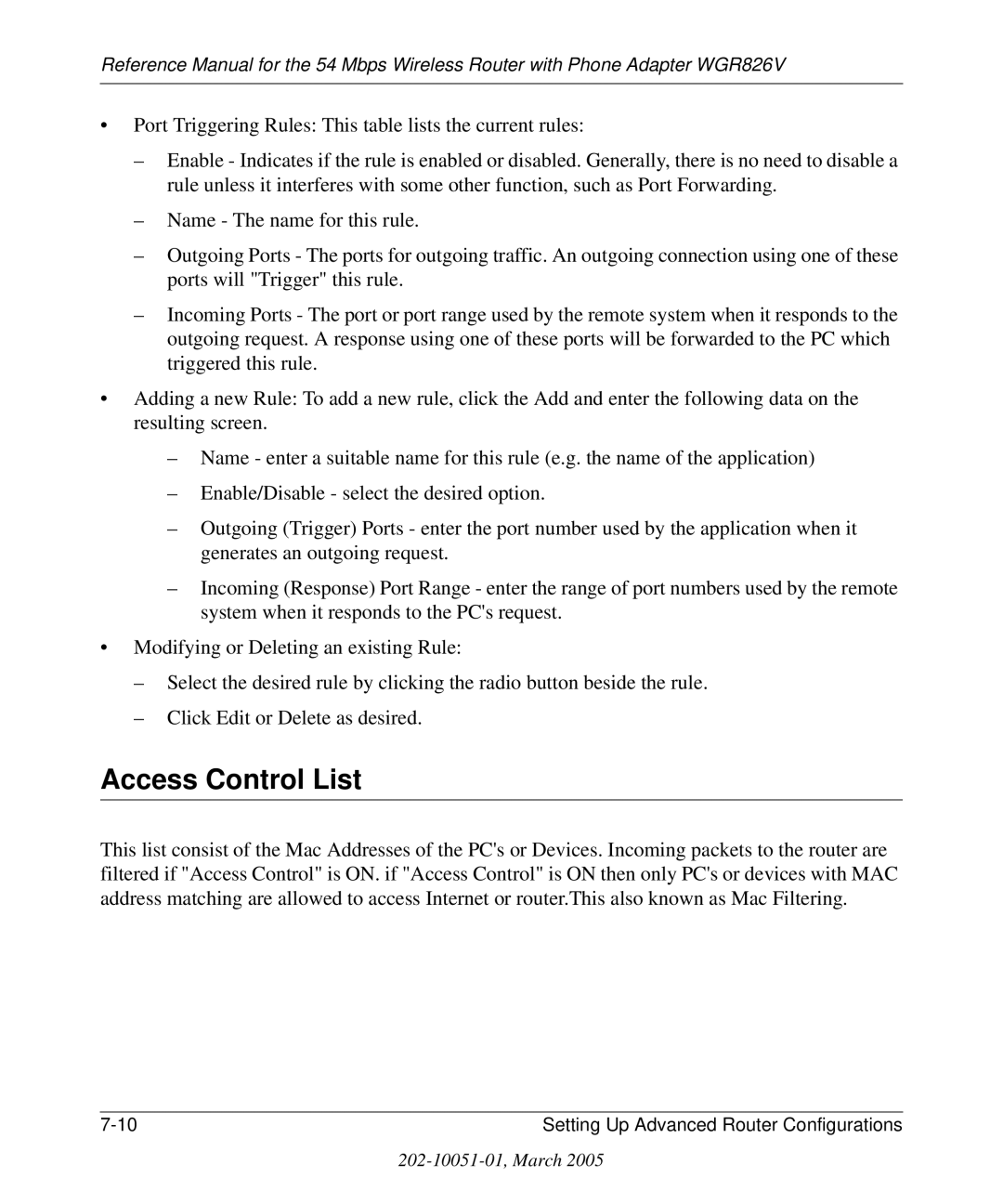 NETGEAR WGR826V manual Access Control List 