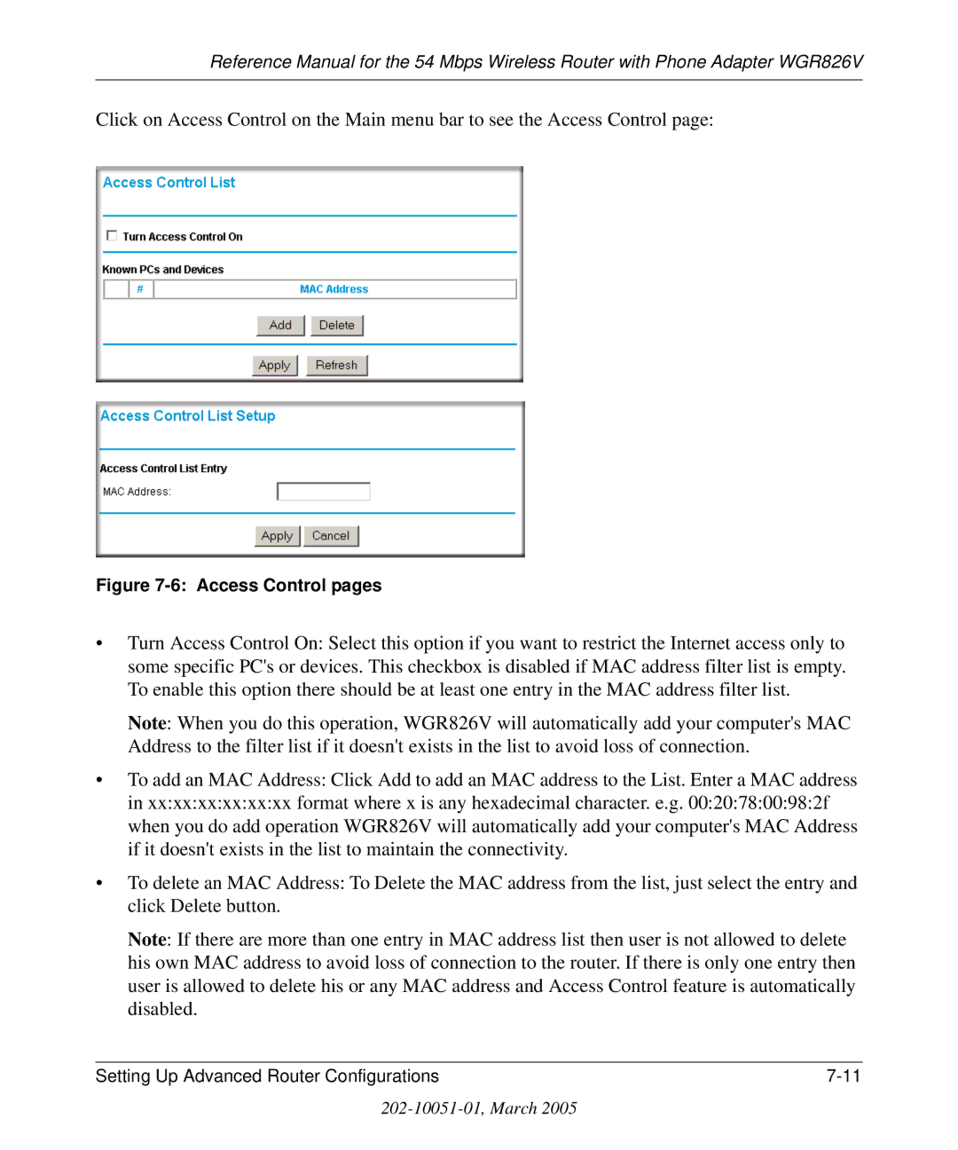 NETGEAR WGR826V manual Access Control pages 