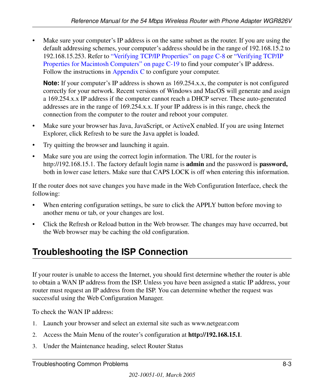 NETGEAR WGR826V manual Troubleshooting the ISP Connection 