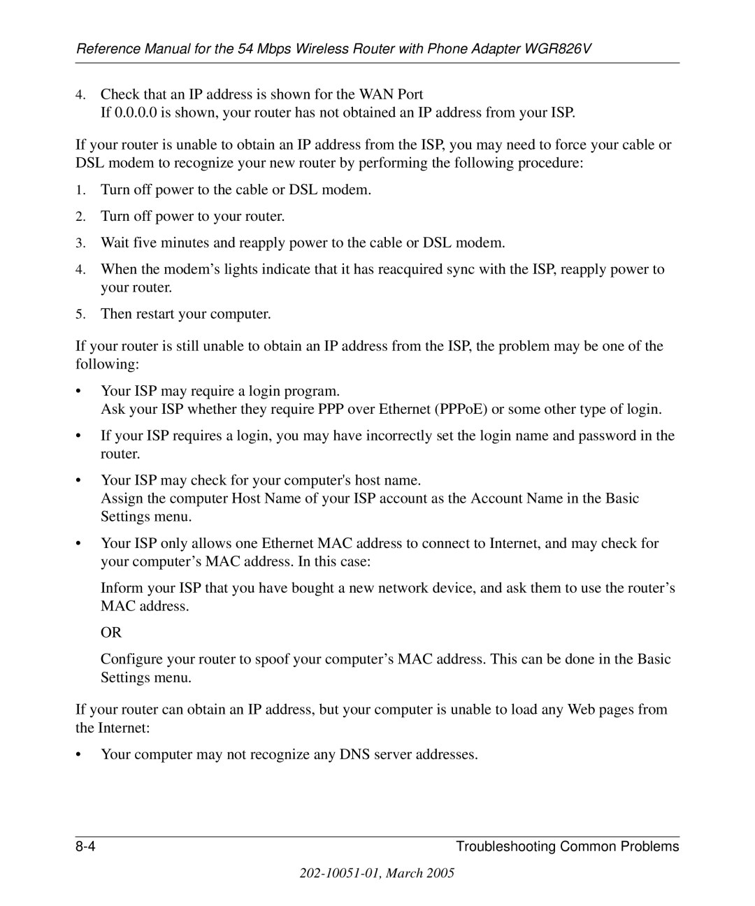 NETGEAR WGR826V manual Troubleshooting Common Problems 