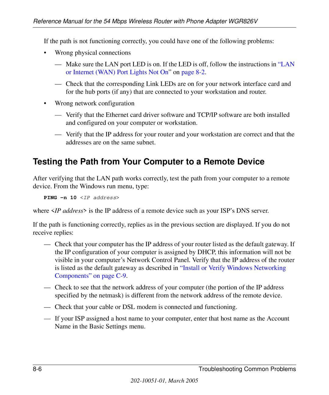 NETGEAR WGR826V manual Testing the Path from Your Computer to a Remote Device 