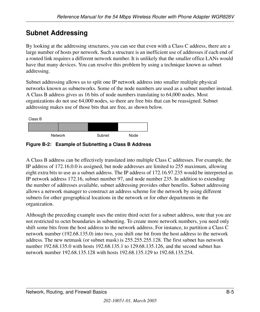 NETGEAR WGR826V manual Subnet Addressing, Figure B-2 Example of Subnetting a Class B Address 