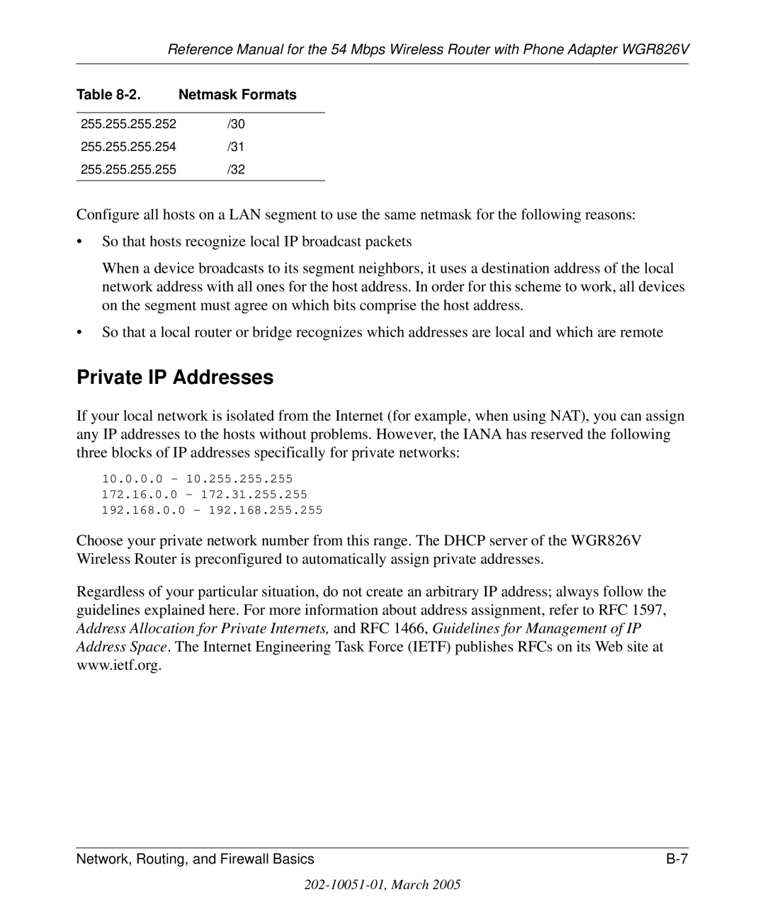 NETGEAR WGR826V manual Private IP Addresses 