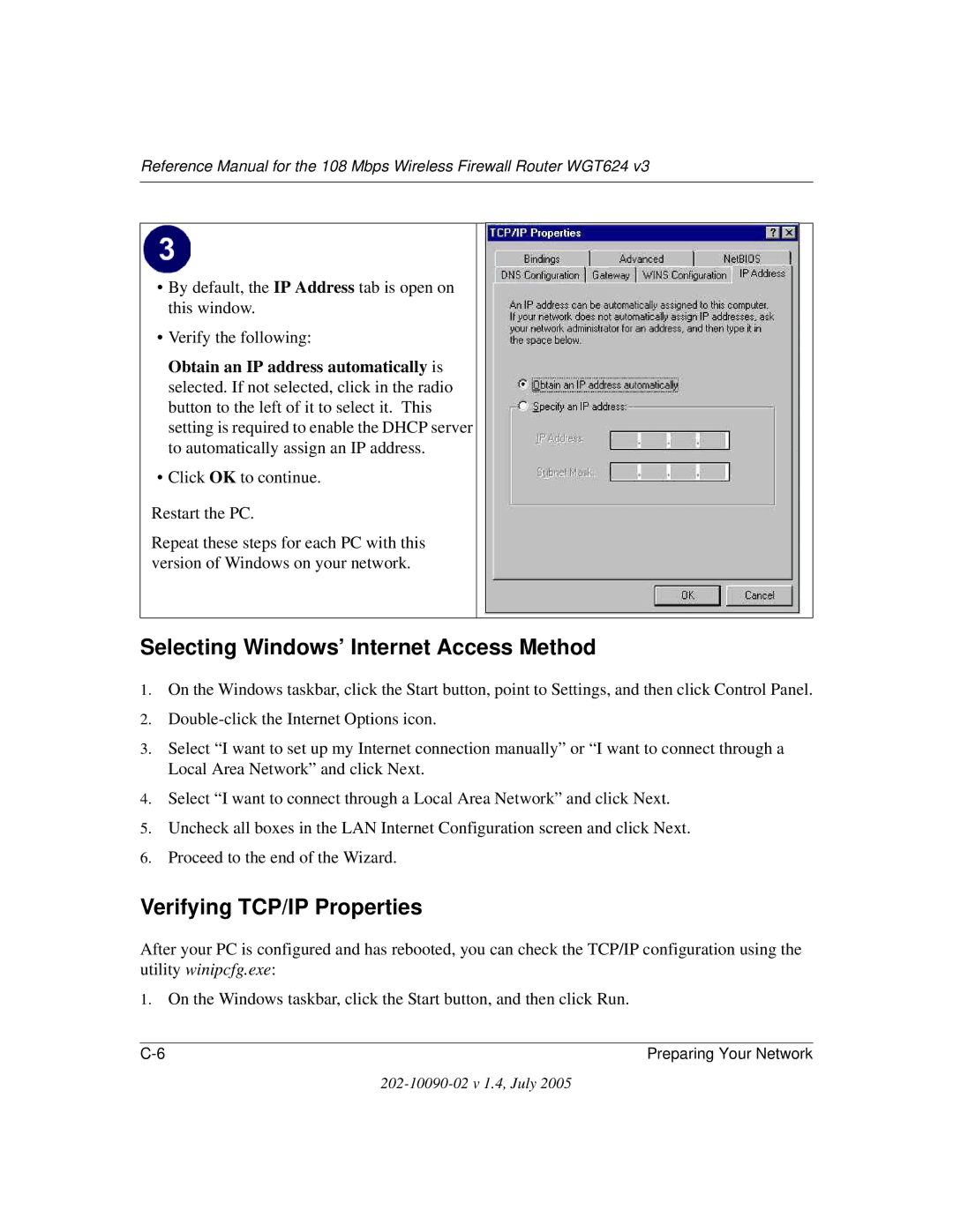 NETGEAR WGT624 V3 manual Selecting Windows’ Internet Access Method, Verifying TCP/IP Properties 