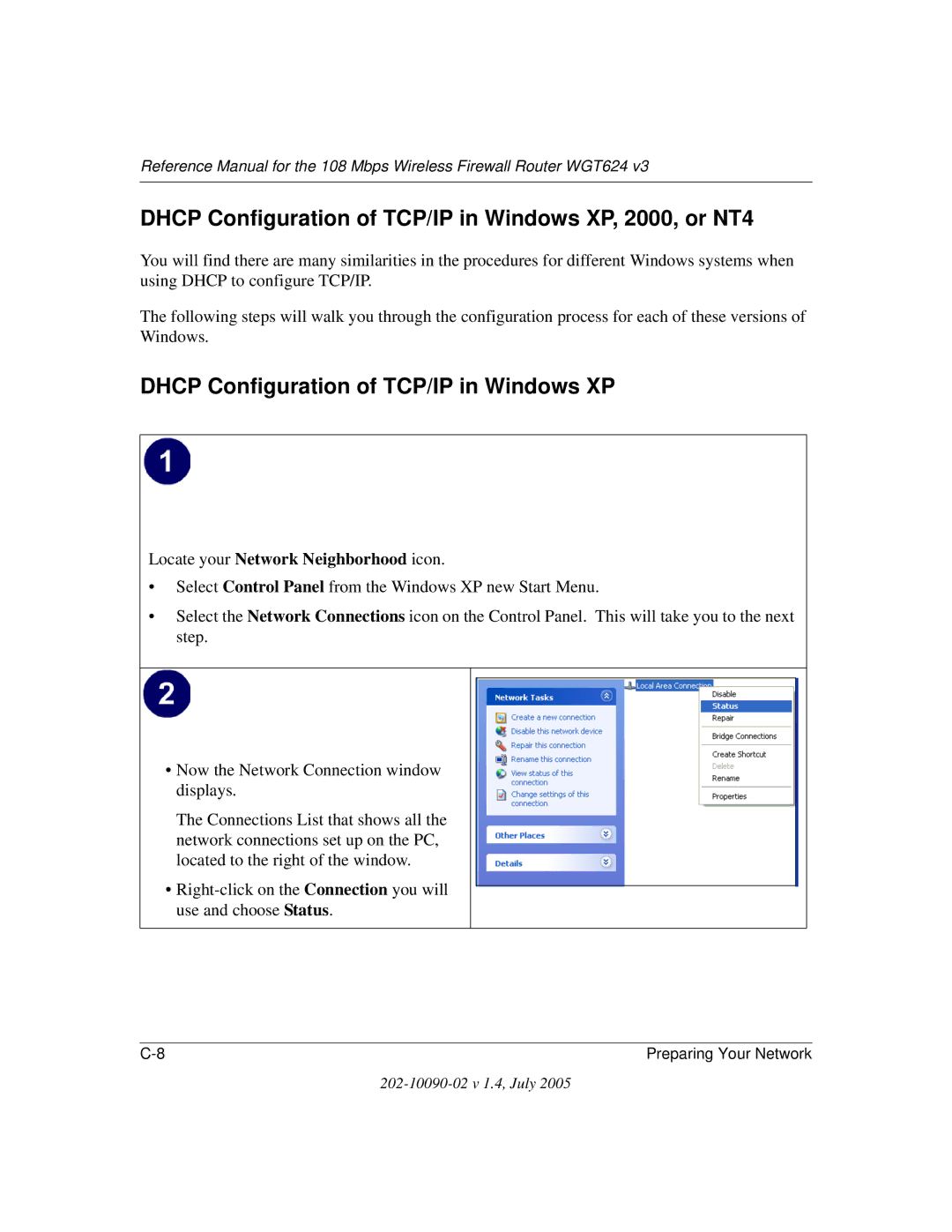 NETGEAR WGT624 V3 manual Dhcp Configuration of TCP/IP in Windows XP, 2000, or NT4, Locate your Network Neighborhood icon 