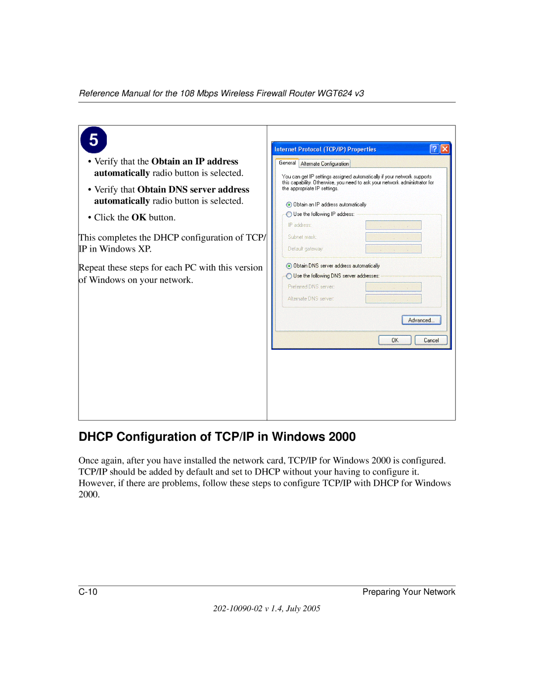 NETGEAR WGT624 V3 manual Dhcp Configuration of TCP/IP in Windows 