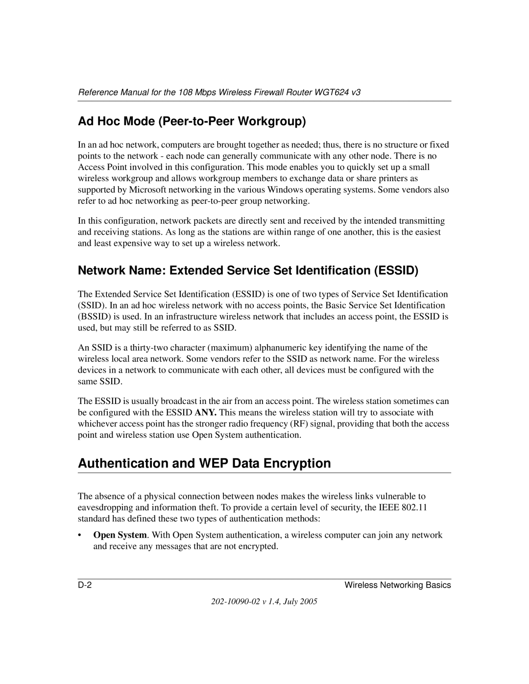 NETGEAR WGT624 V3 manual Authentication and WEP Data Encryption, Ad Hoc Mode Peer-to-Peer Workgroup 