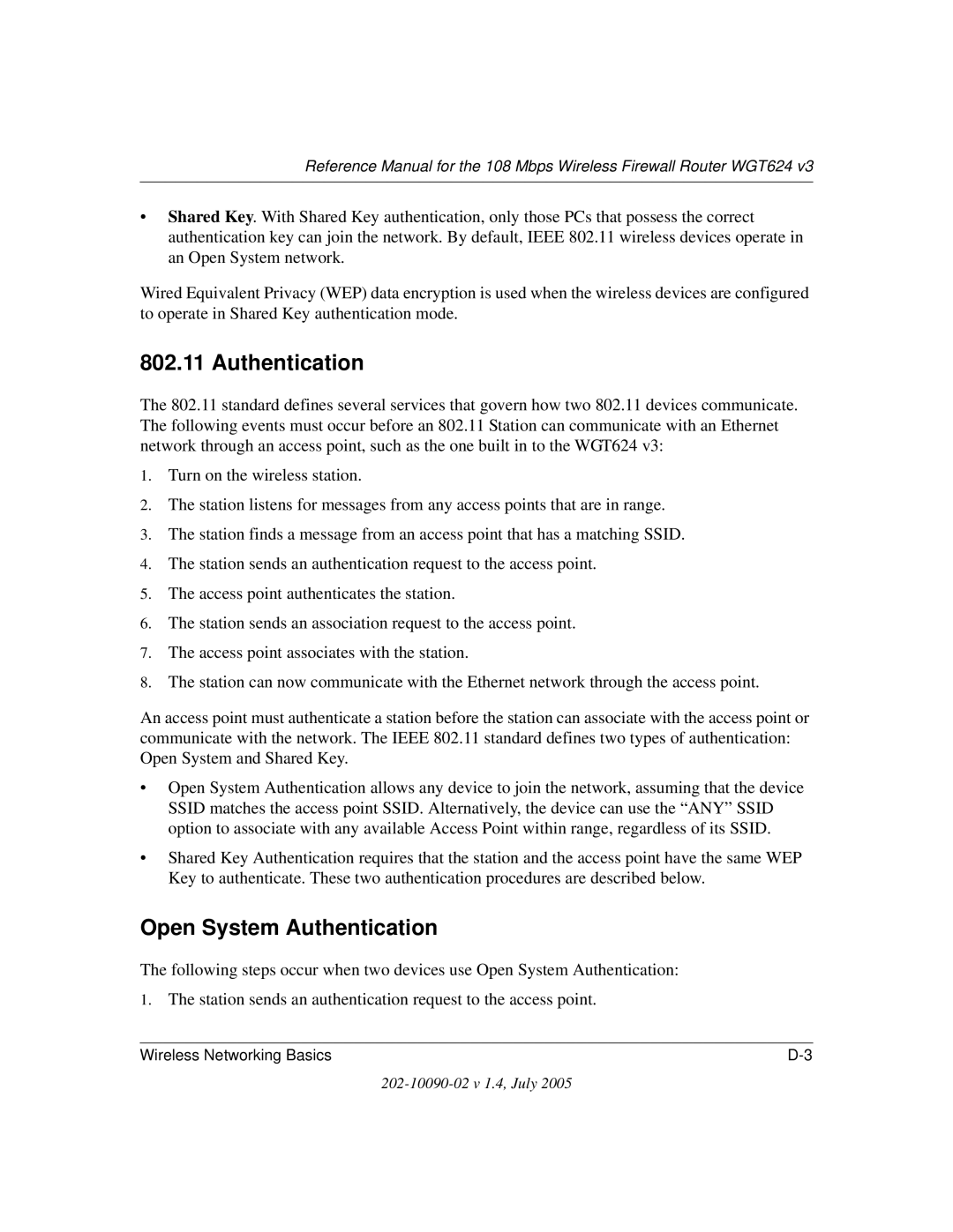 NETGEAR WGT624 V3 manual Open System Authentication 