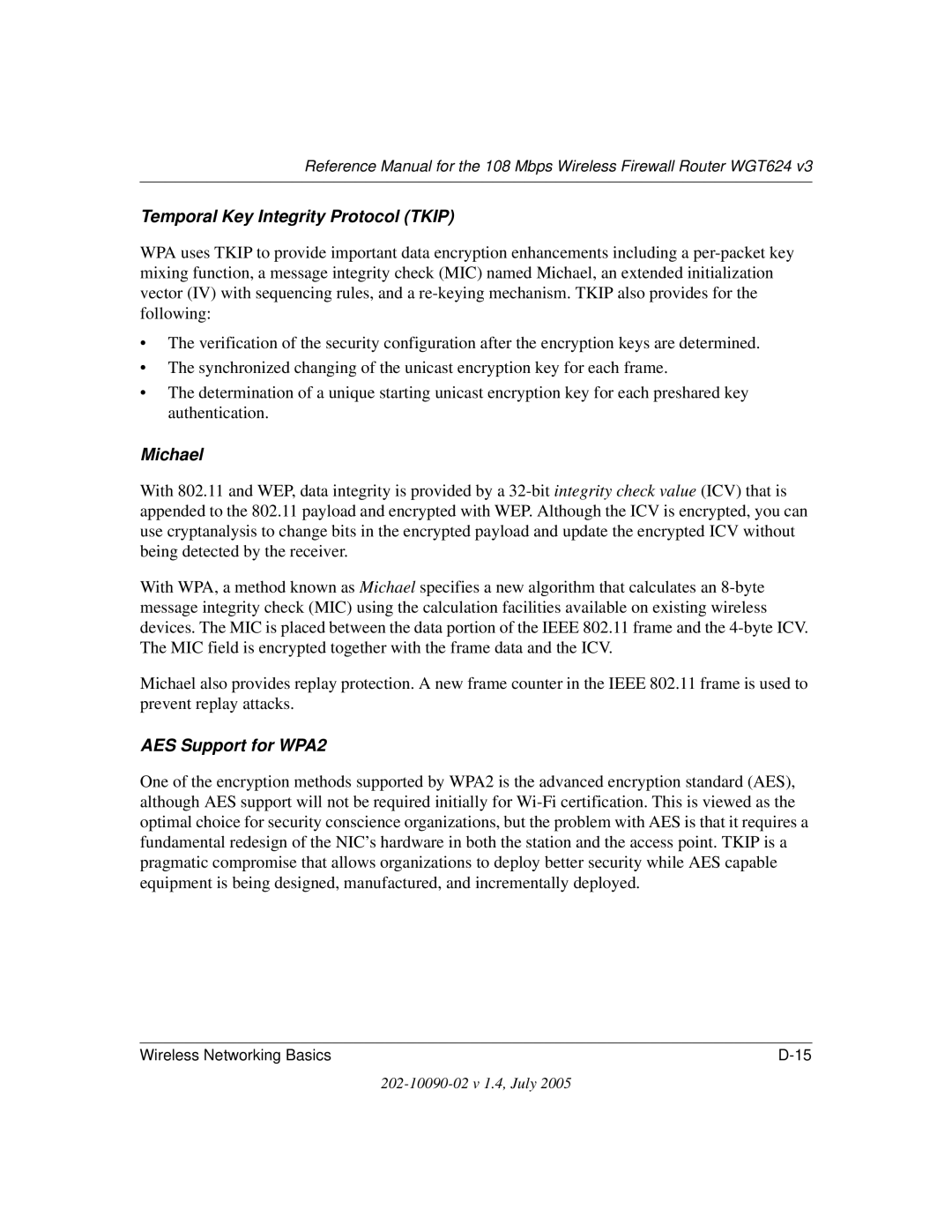 NETGEAR WGT624 V3 manual Temporal Key Integrity Protocol Tkip 