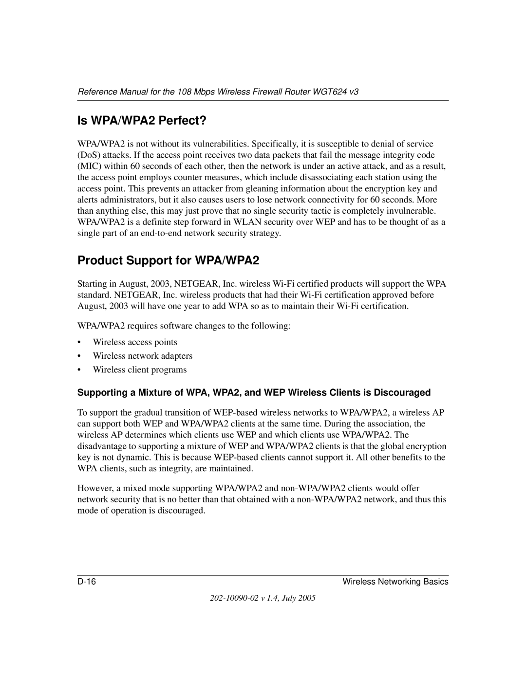 NETGEAR WGT624 V3 manual Is WPA/WPA2 Perfect?, Product Support for WPA/WPA2 