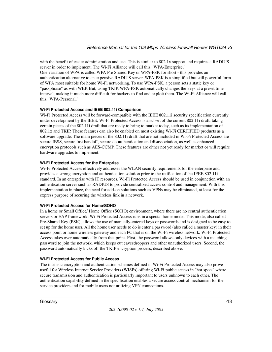 NETGEAR WGT624 V3 manual Wi-Fi Protected Access and Ieee 802.11i Comparison 